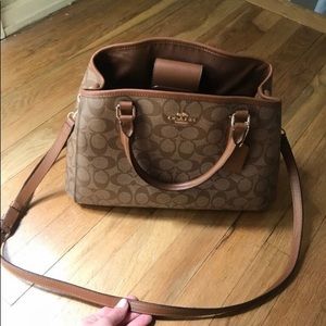 Brown monogrammed Coach tote bag w/matching wallet